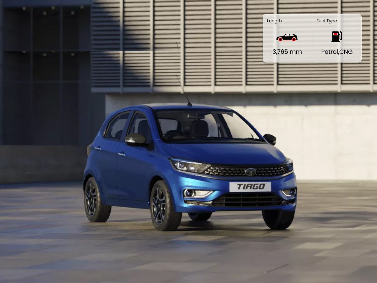 Tiago car image with dimensions in mm and fuel type details