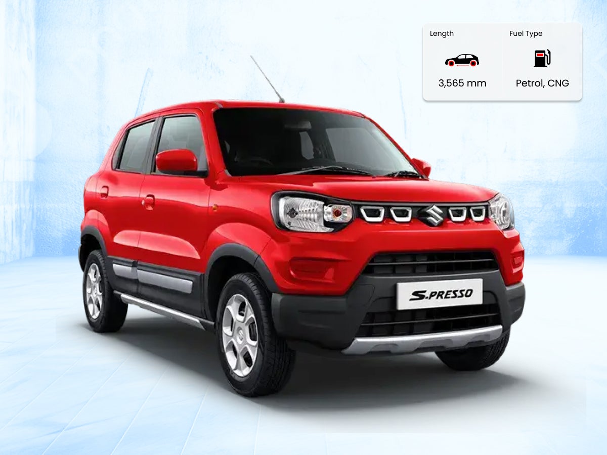 Maruti Suzuki S-Presso car image with dimensions in mm and fuel type details