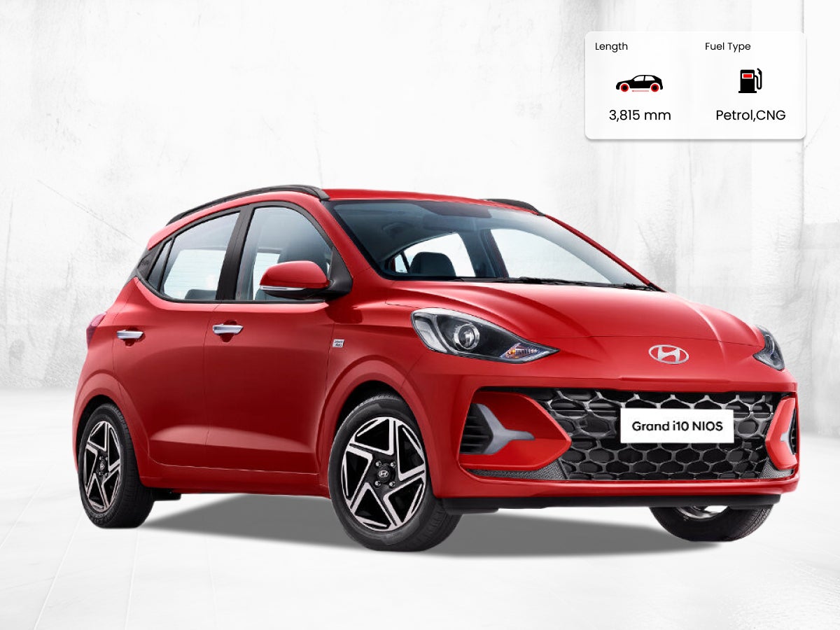 Hyundai i10 Nios car image with dimensions in mm and fuel type details