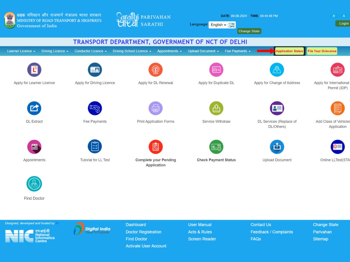 On the DL services page that opens, click on the “Application Status” box on the top right-hand corner of the menu.