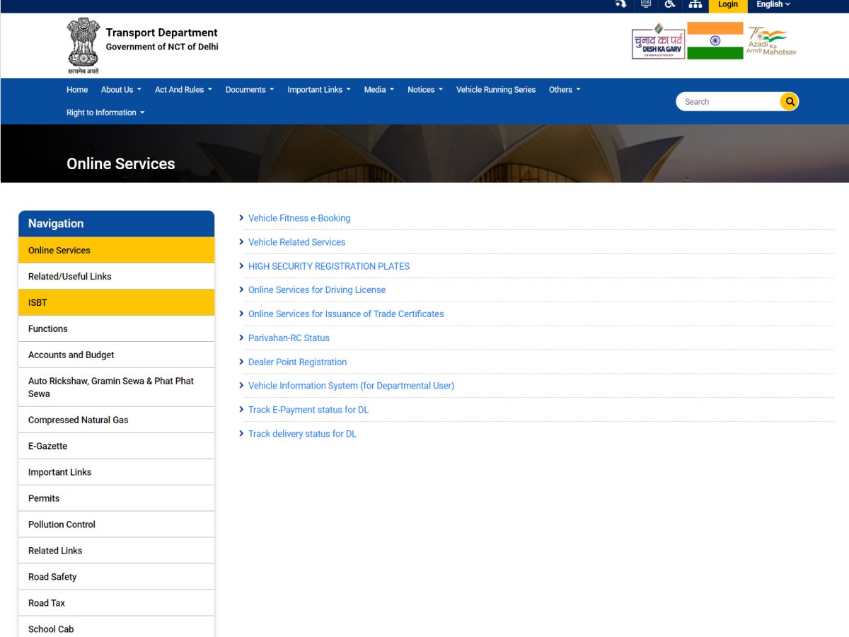 On the Online Services page, click ‘Online Services for Driving Licence’.