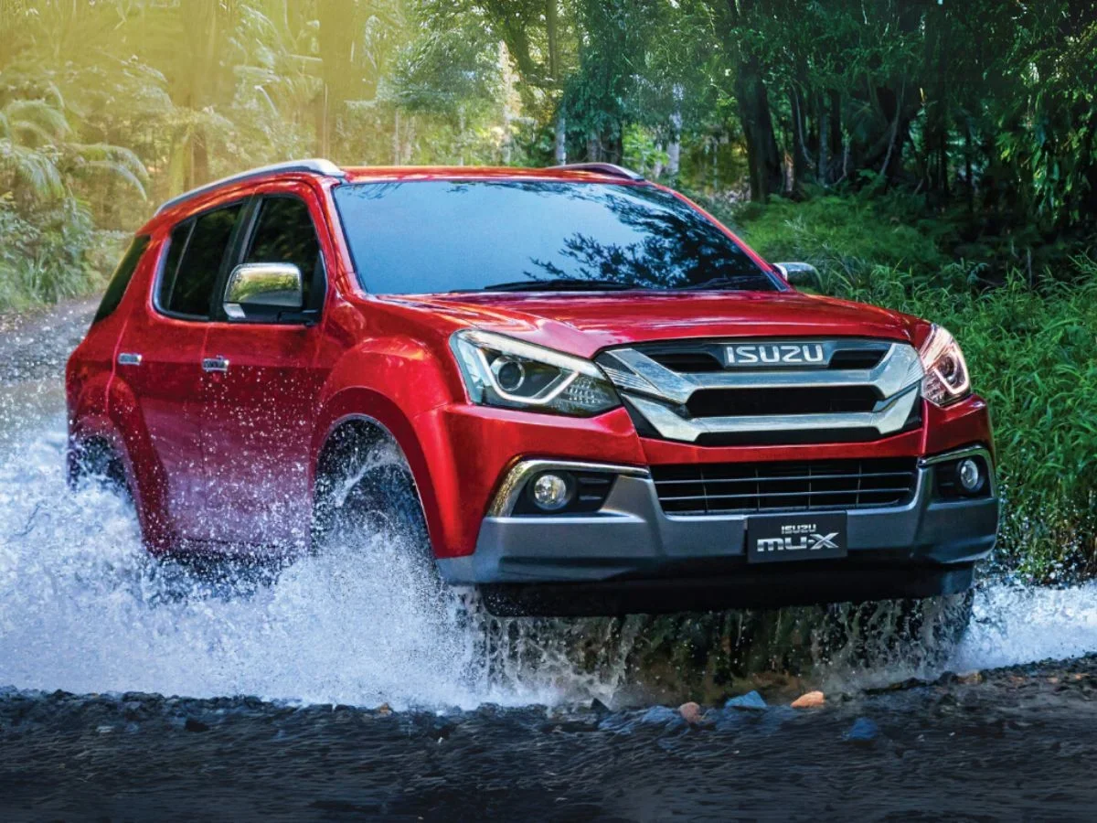 isuzu mu x suv red off roading water wading