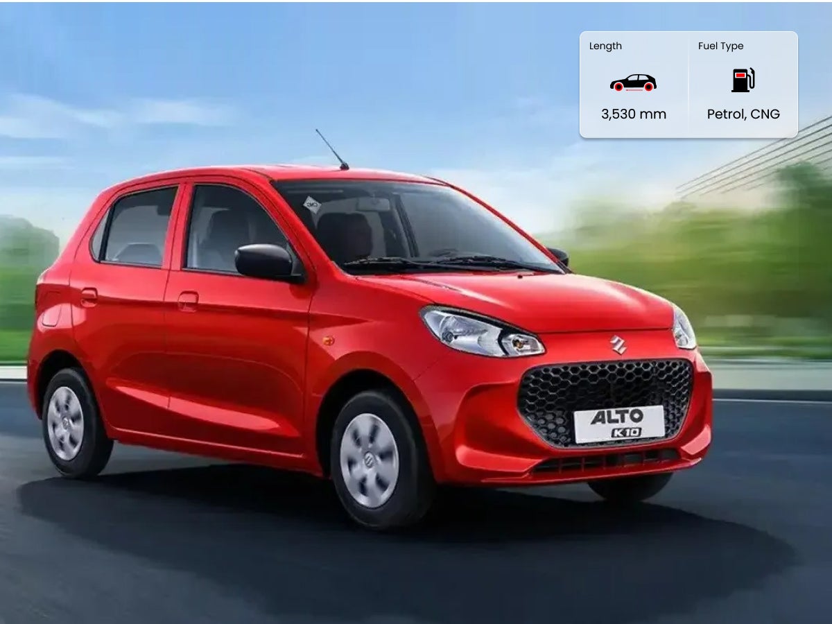 Maruti Suzuki Alto K10 car image with dimensions in mm and fuel type details