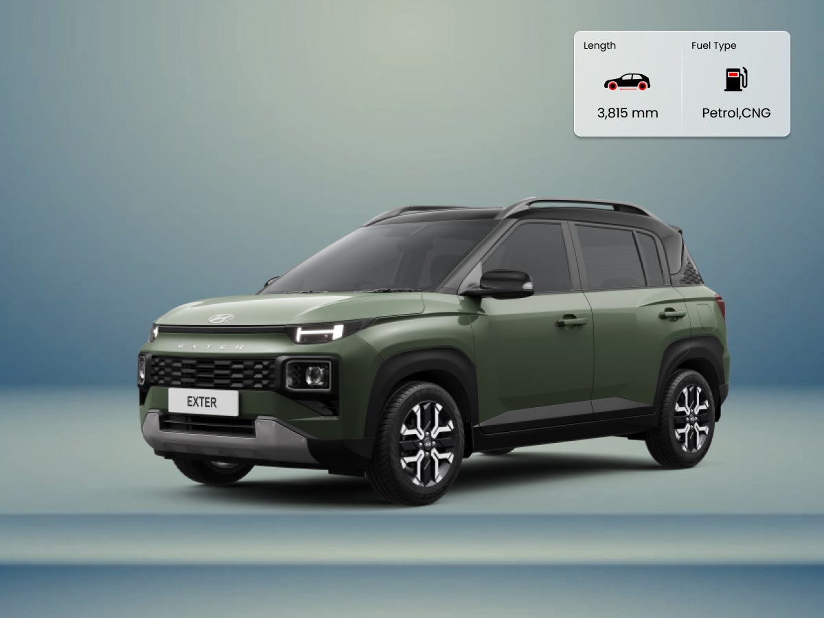 Hyundai Exter car image with dimensions in mm and fuel type details