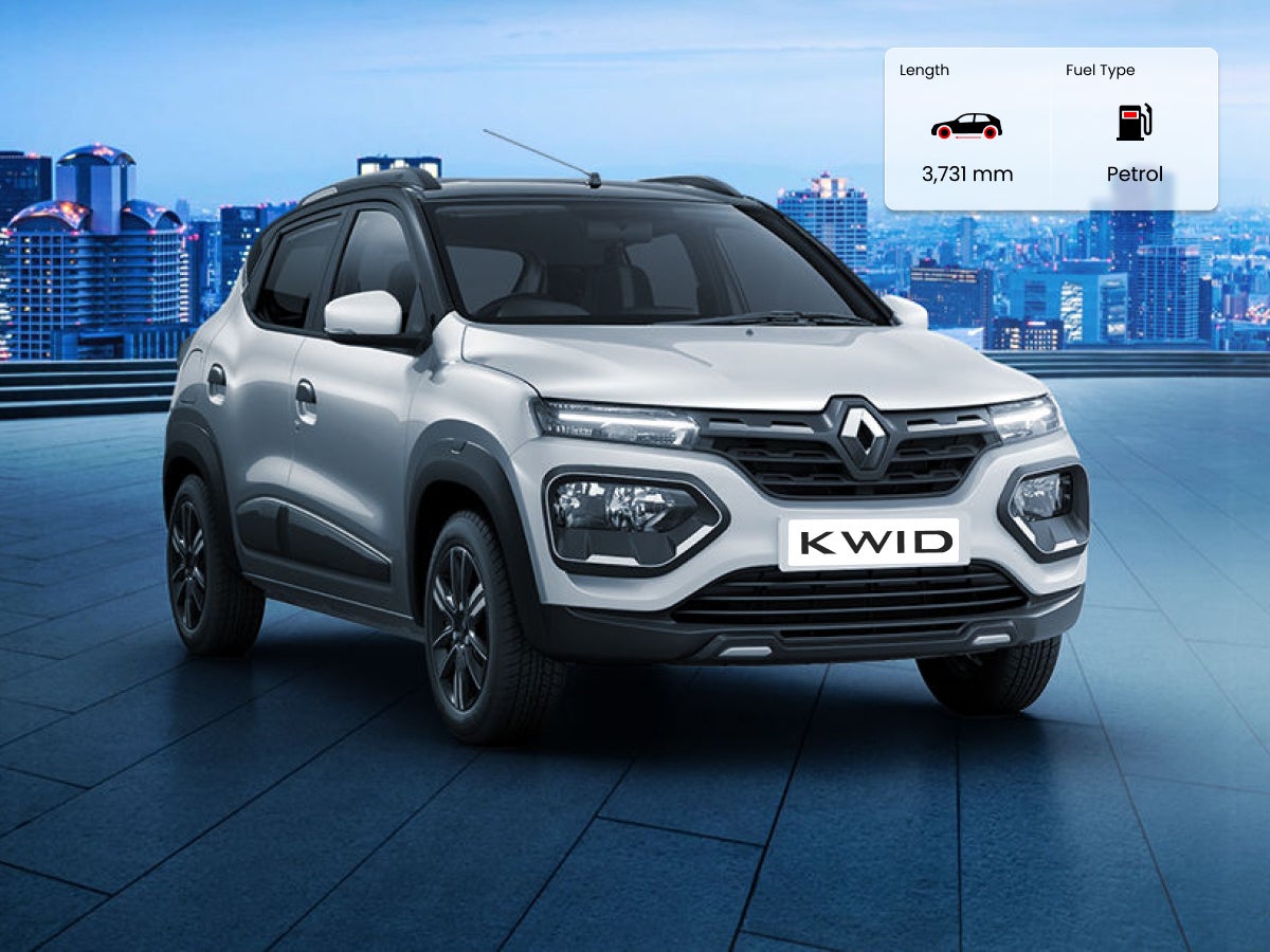 Renault Kwid car image with dimensions in mm and fuel type details