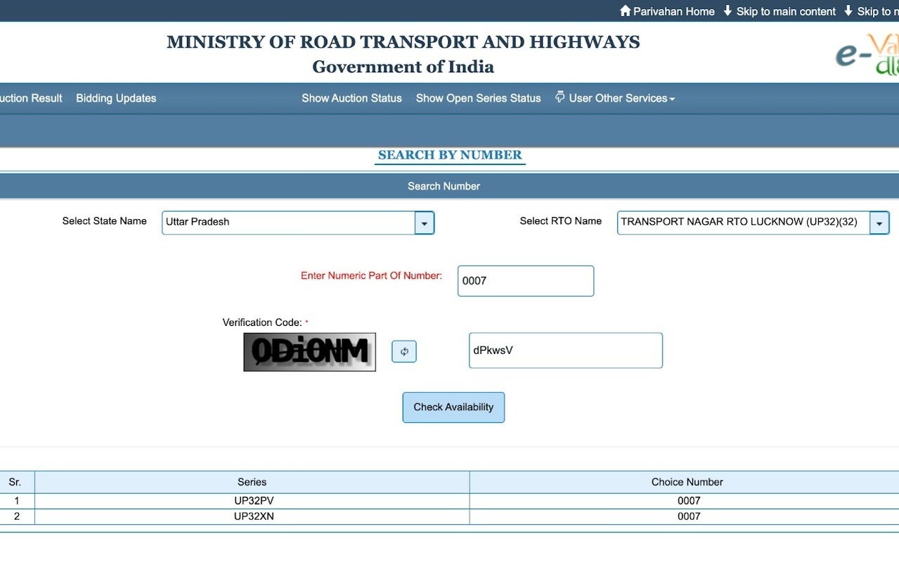 Check Fancy Number Plate Availability