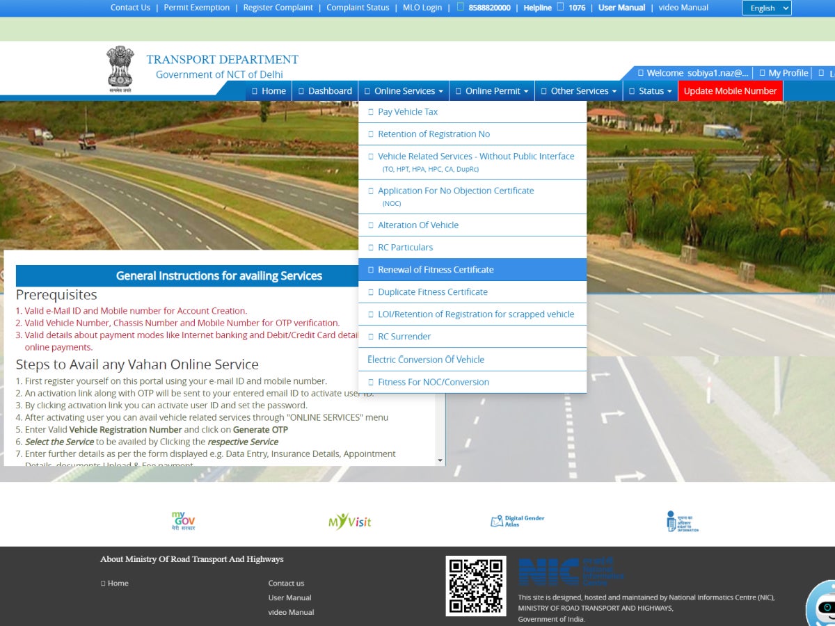 Go to ‘Online Services’ and select ‘Renewal Of Fitness Certificate’