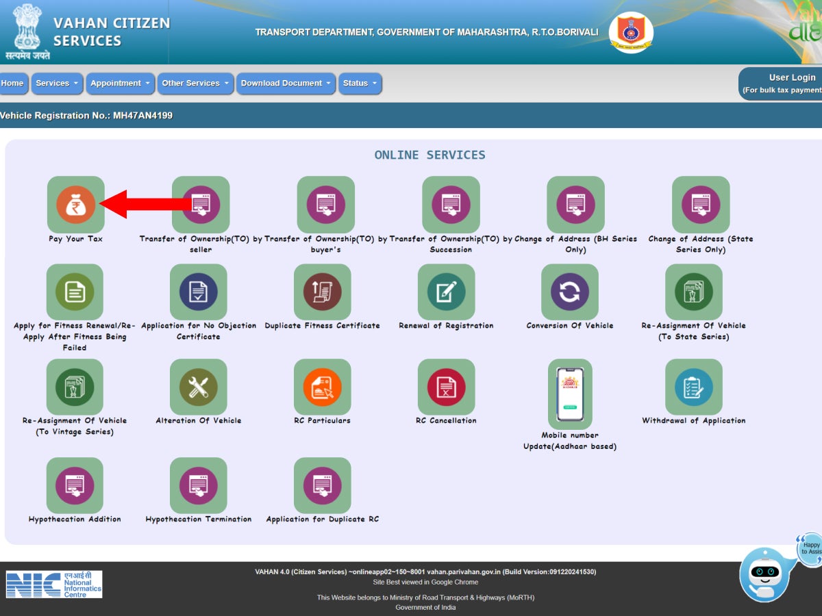 Click on ‘Online Services’ and select ‘Pay Vehicle Tax