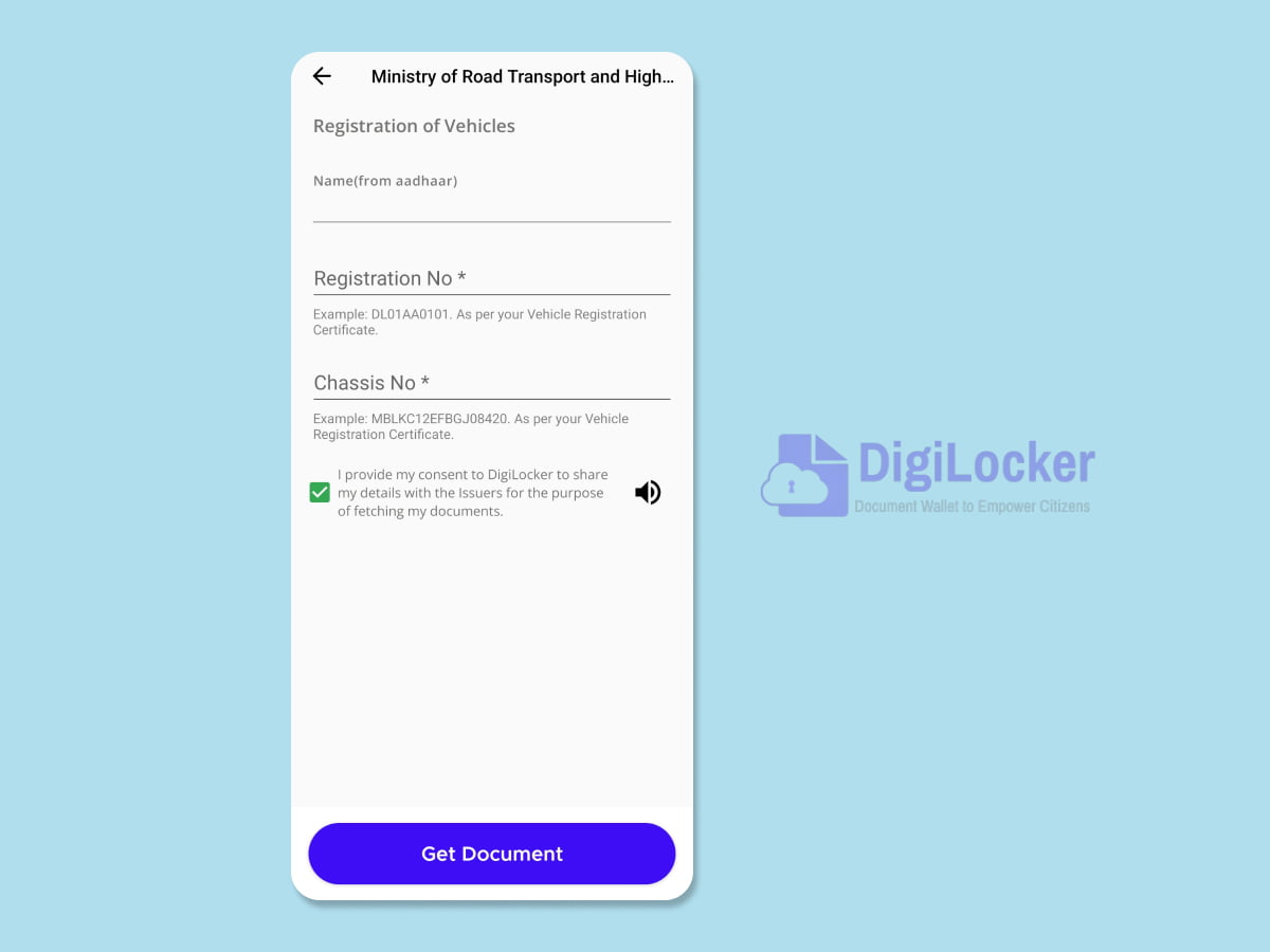 Enter the registration number of your vehicle and its chassis number as well in the respective fields.