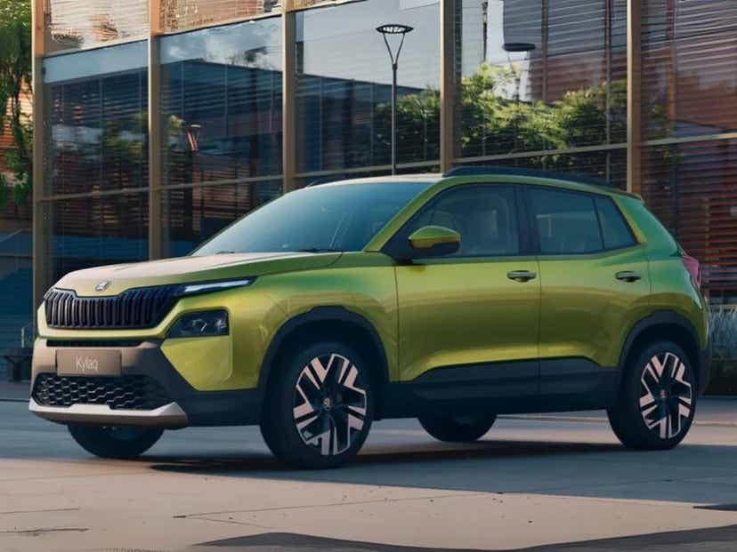 new 2024 skoda kylaq front three quarters view green