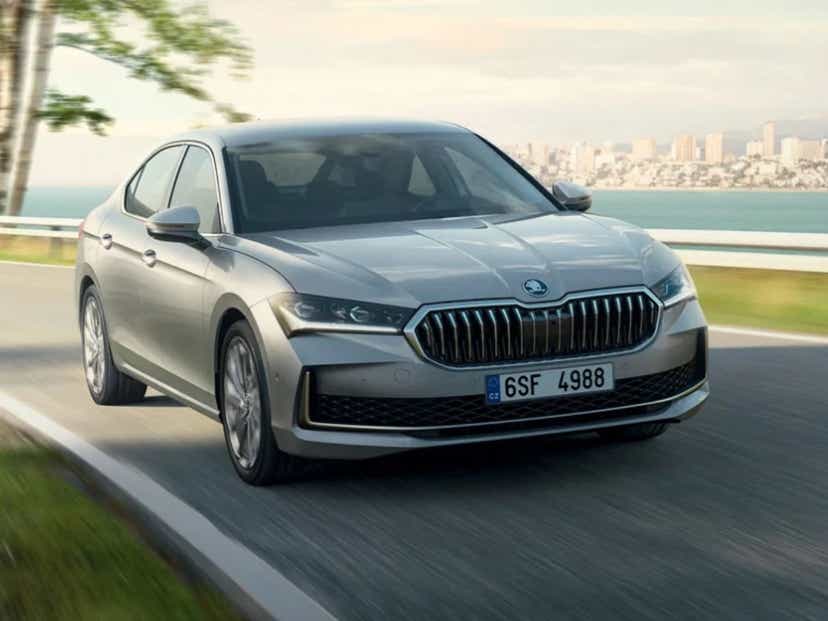 new 2025 skoda superb front driving shot