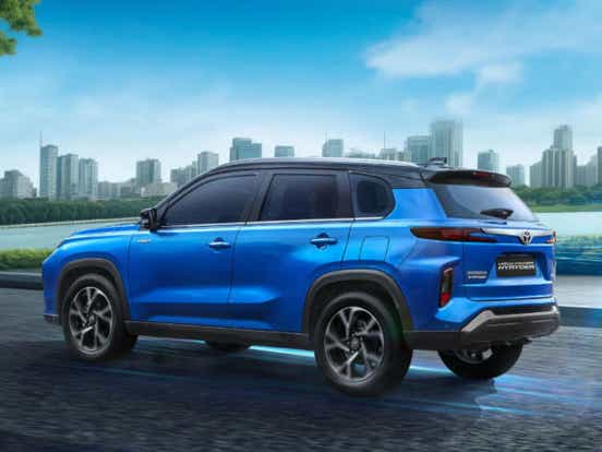 2024 toyota urban cruiser hyryder hybrid blue side rear