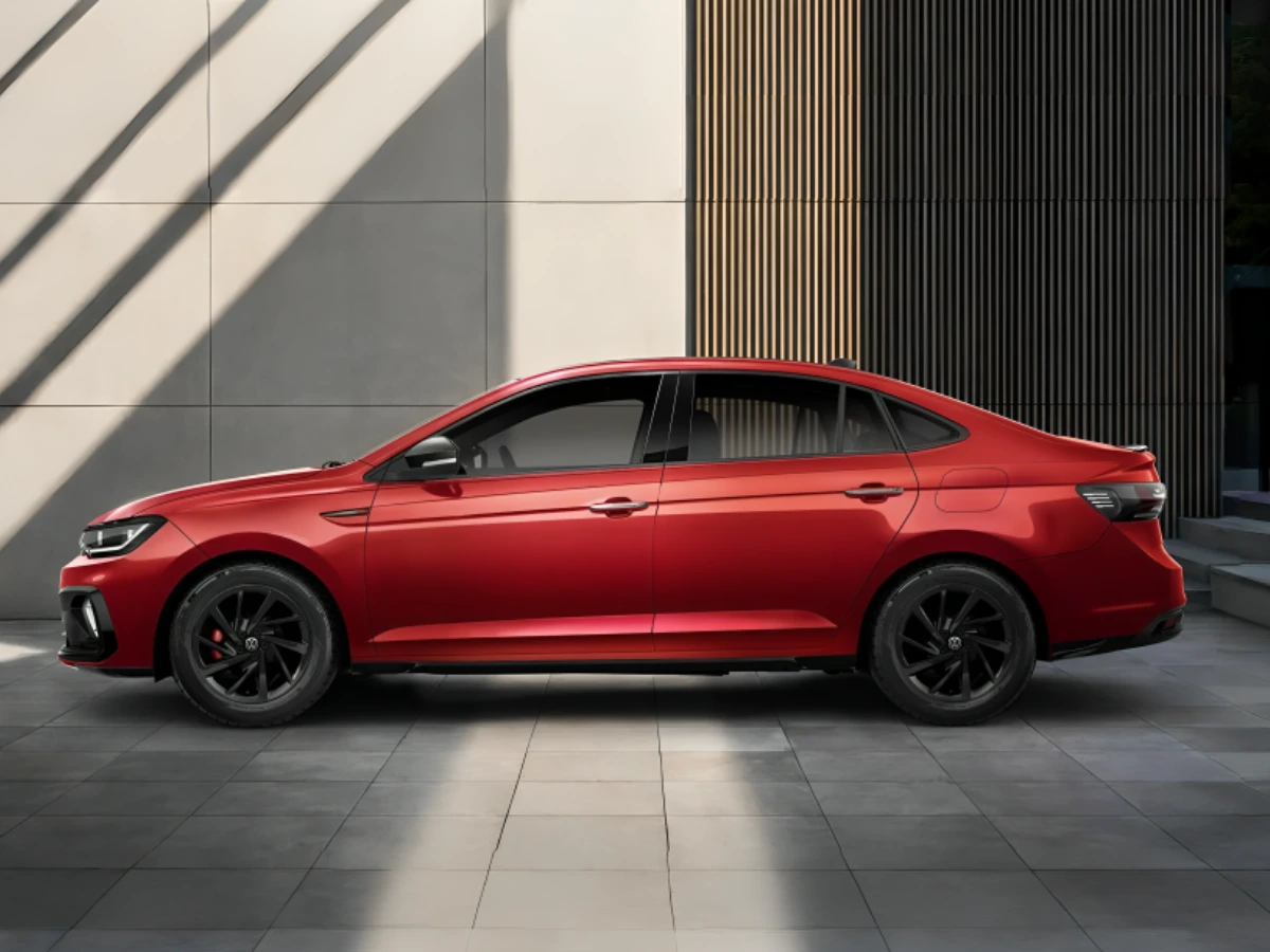 Volkswagen Virtus Wild Cherry Red side profile.