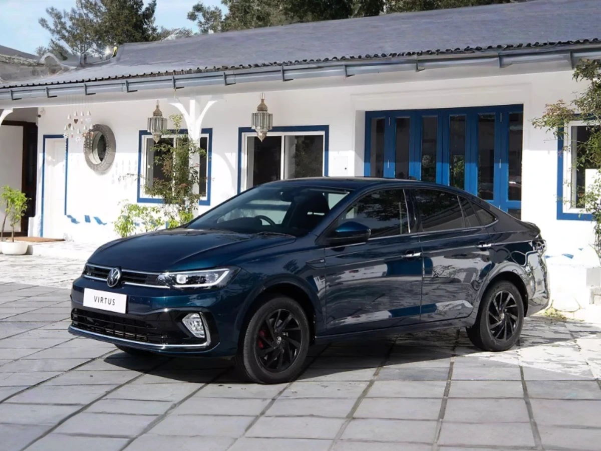 Volkswagen Virtus Deep Black Pearl front three-quarter view.