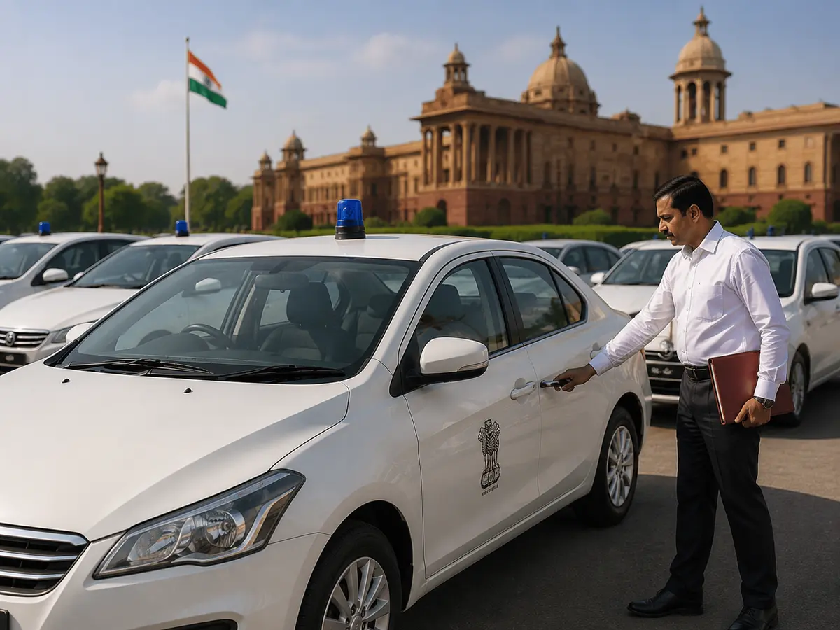 Official government vehicles parked outside a government complex as an official prepares to use one designated vehicle.