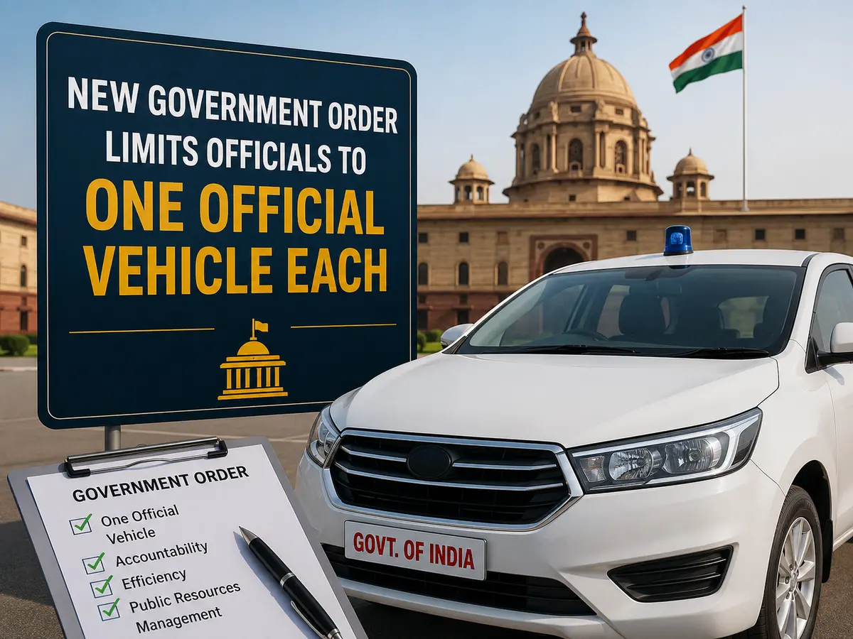 Government order limiting officials to one official vehicle, represented by a government car outside an Indian administrative building.
