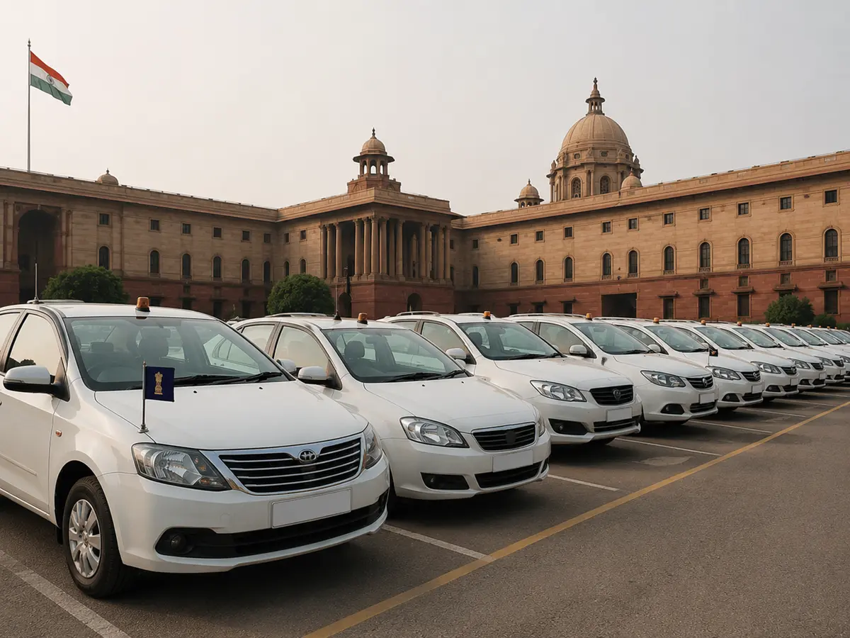 Surplus government vehicles parked at a designated location outside an Indian government building.