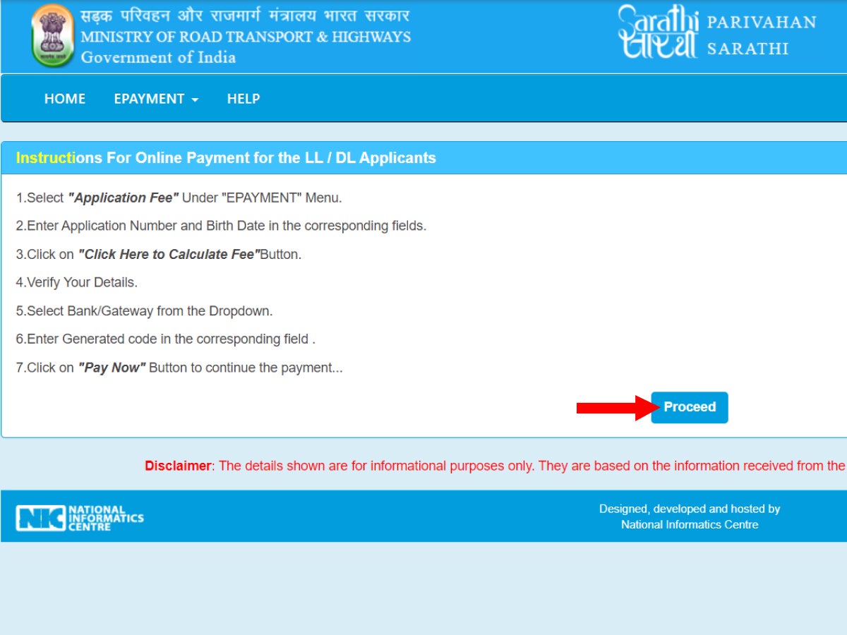 Instructions For Online Payment for the LL - DL Applicants