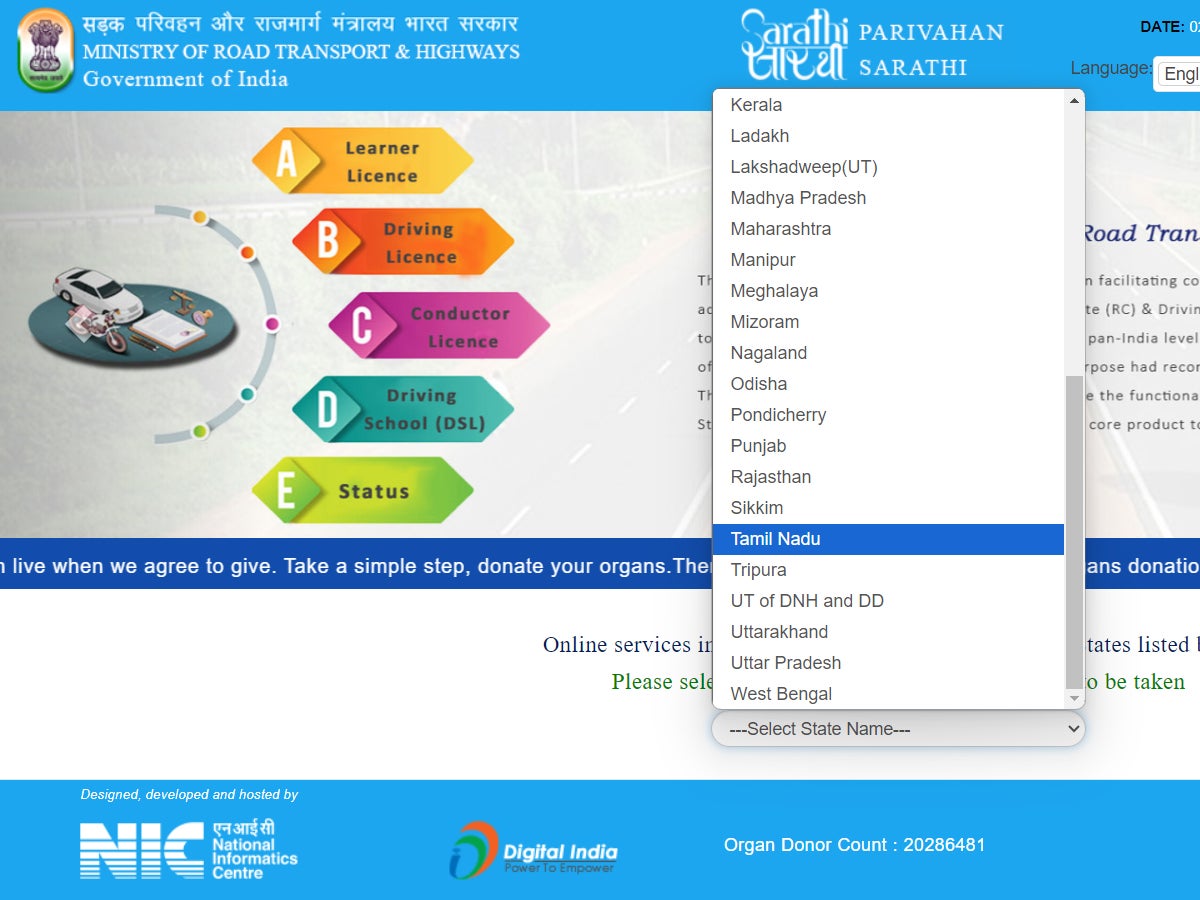 Visit the Sarathi Parivahan portal Tamil Nadu