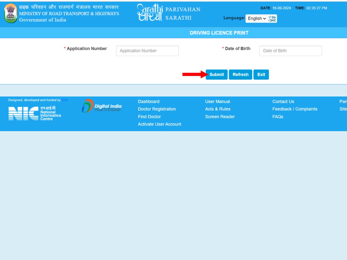 Application Number and Date of Birth. 