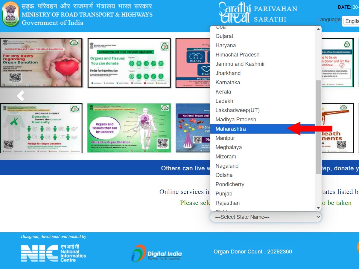 Choose “Maharashtra” as your state, and you will be redirected to Parivahan Sarathi. Click on the “Apply for Learner Licence
