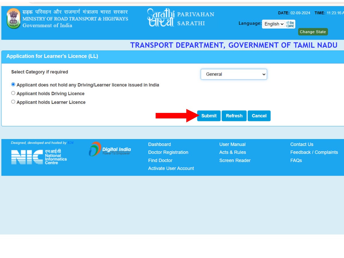 Select the desired category and click “Applicant does not hold any Driving-Learner licence issued in India