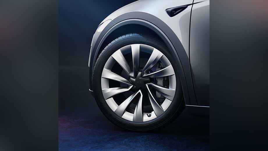 front wheel close-up of a Tesla Model Y