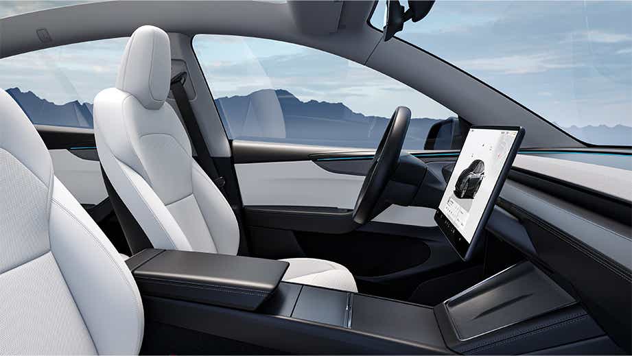 interior front seat and dashboard of a Tesla Model Y