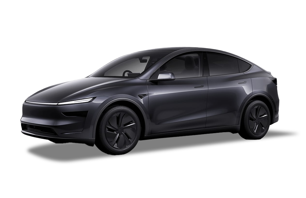 front three-quarter view of a Stealth Grey Tesla Model Y