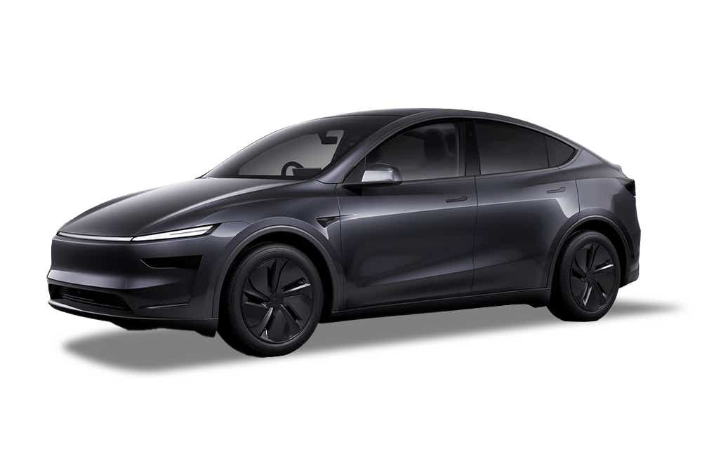 front three-quarter view of a Stealth Grey Tesla Model Y