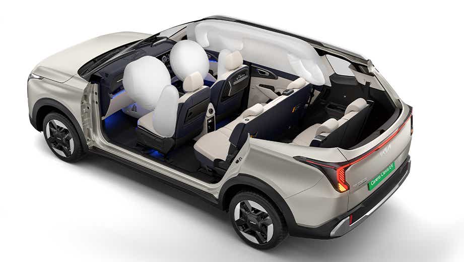 Cutaway interior view of a Kia Carens Clavis EV showing airbags deployed