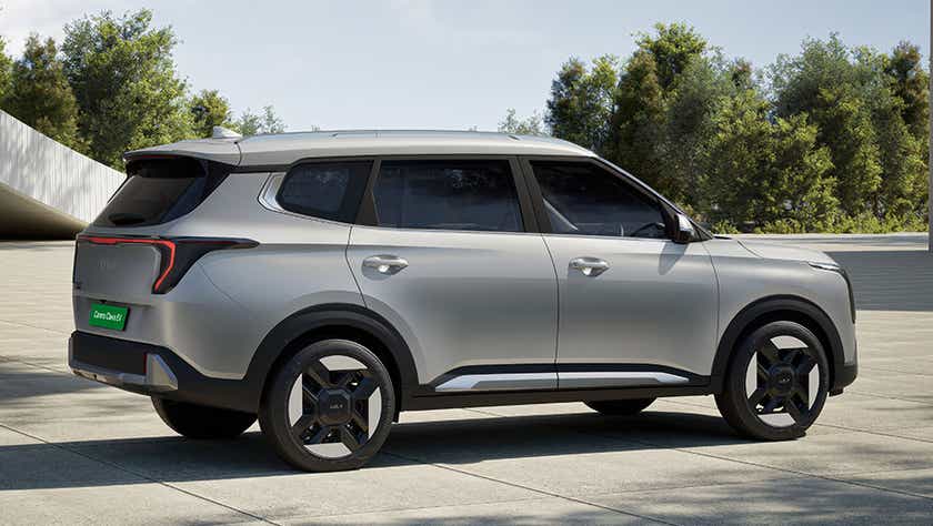 rear three-quarter of a Kia Carens Clavis EV