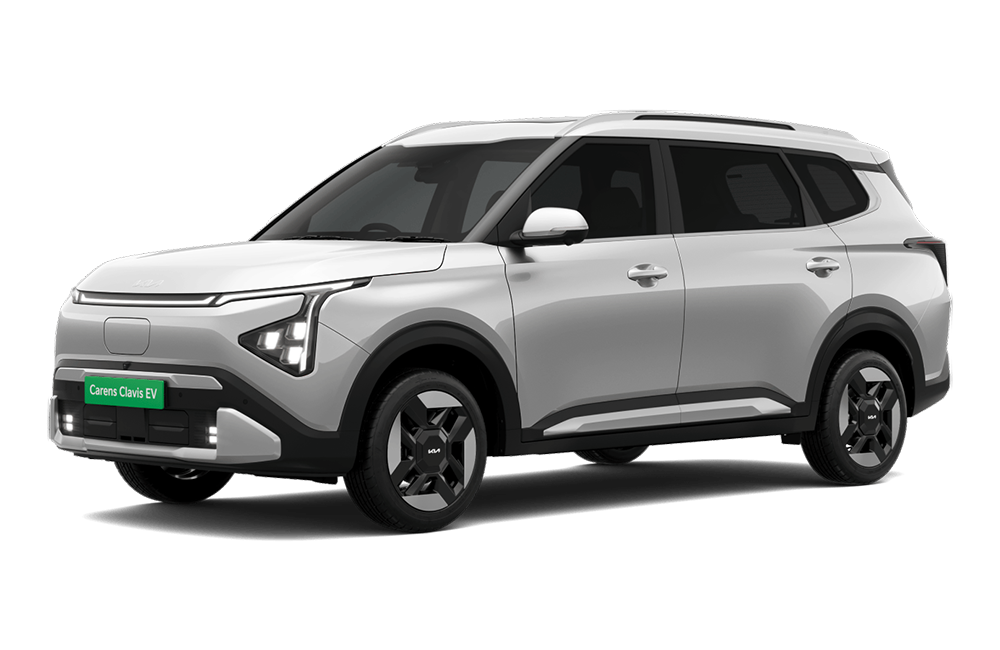 front three-quarter view of a Glacier White Pearl Kia Carens Clavis EV