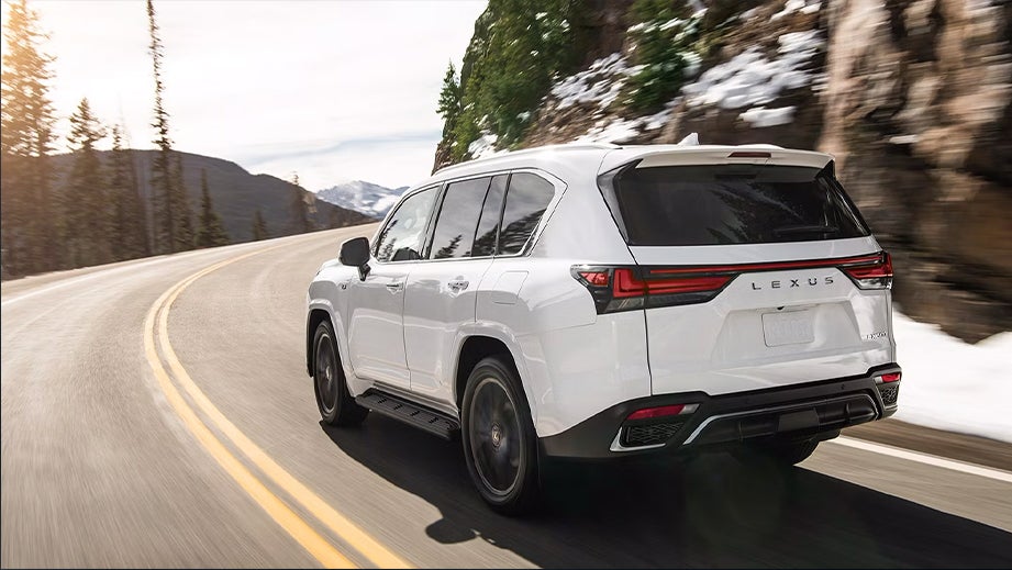 rear three-quarter view of a Lexus LX on a mountain road