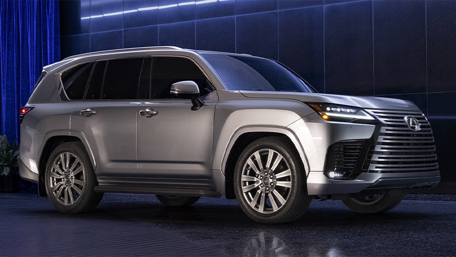 Front three-quarter view of a Atomic Silver Lexus LX