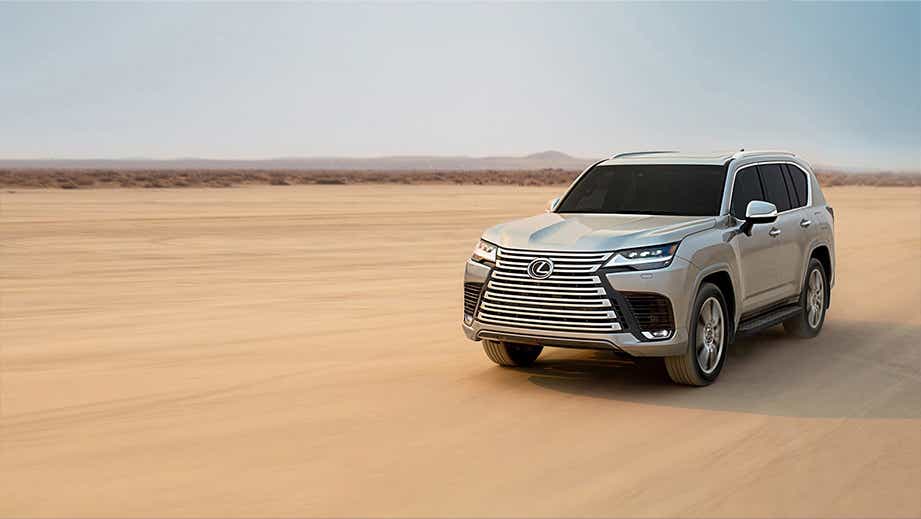 front three-quarter view of a Atomic Silver Lexus LX