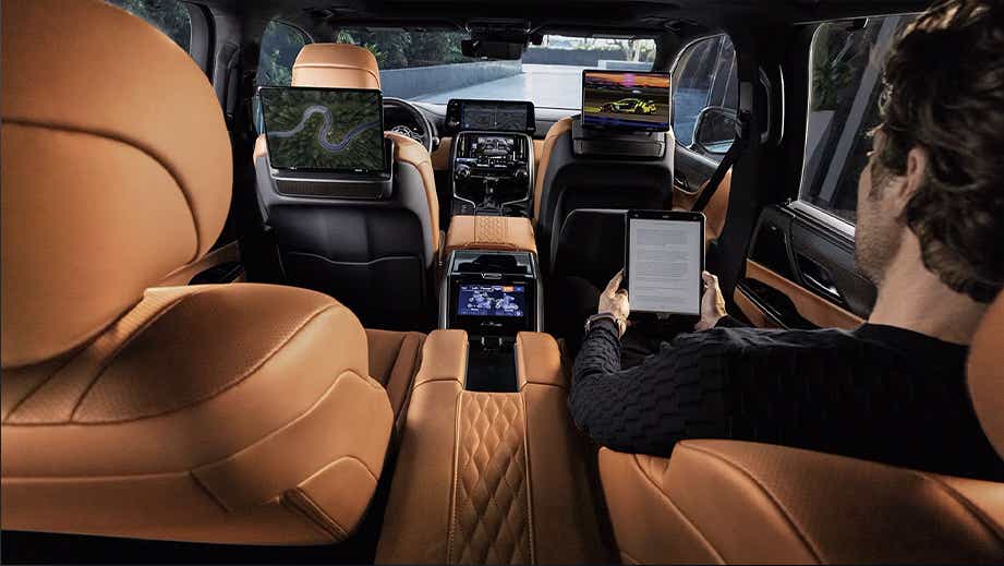 Rear seat entertainment and interior view of a Lexus LX
