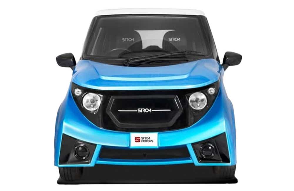 front view of a Blue With White Roof Strom Motors R3