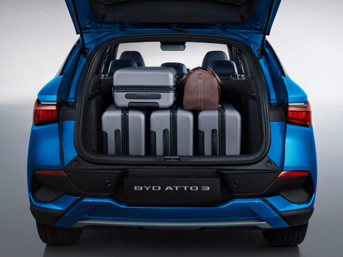 boot space view of a Surf Blue BYD Atto 3 Facelift with luggage