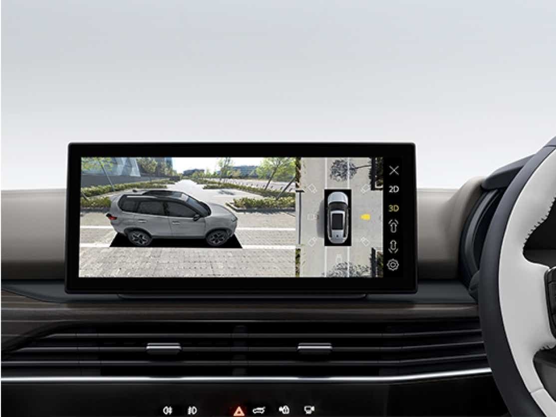 Infotainment display showing 360-degree camera view in a Tata Safari EV