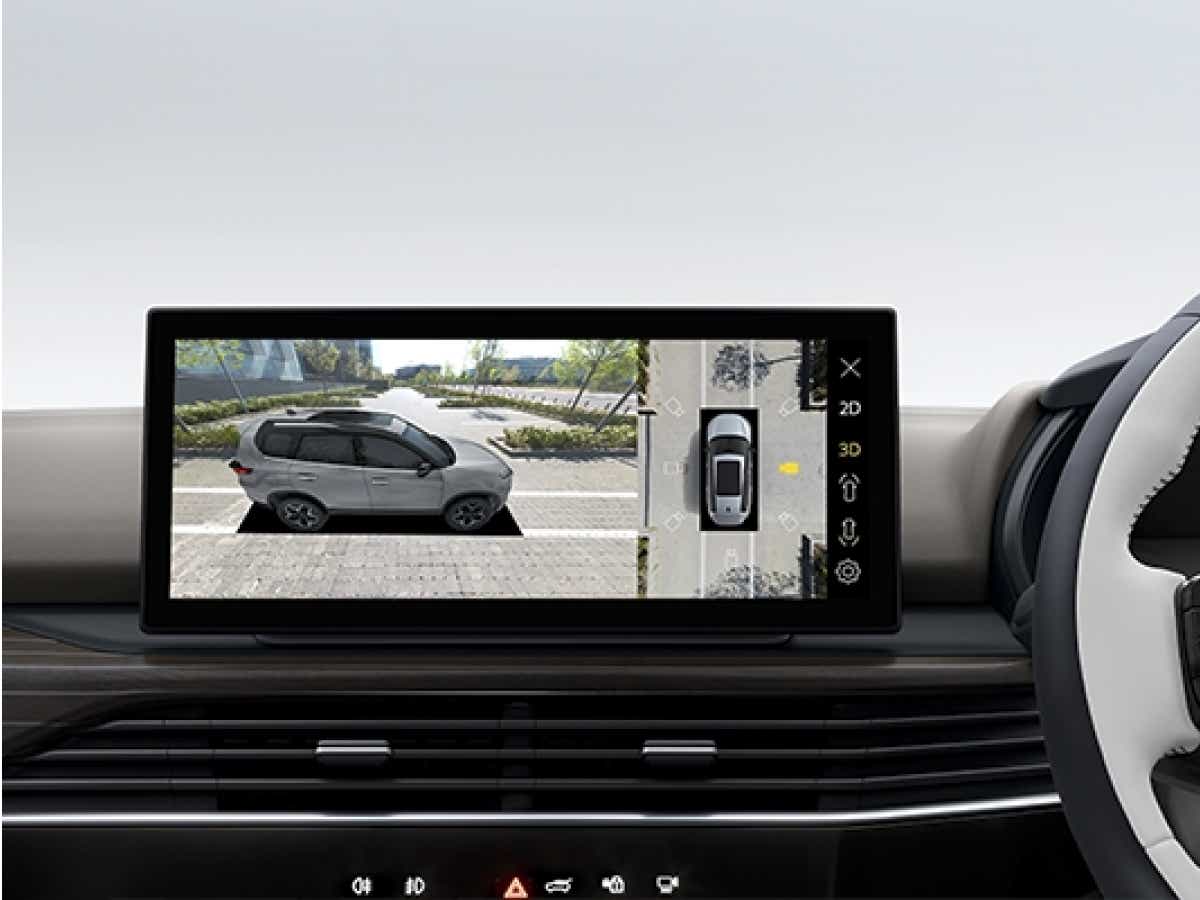 Infotainment display showing 360-degree camera view in a Tata Safari EV