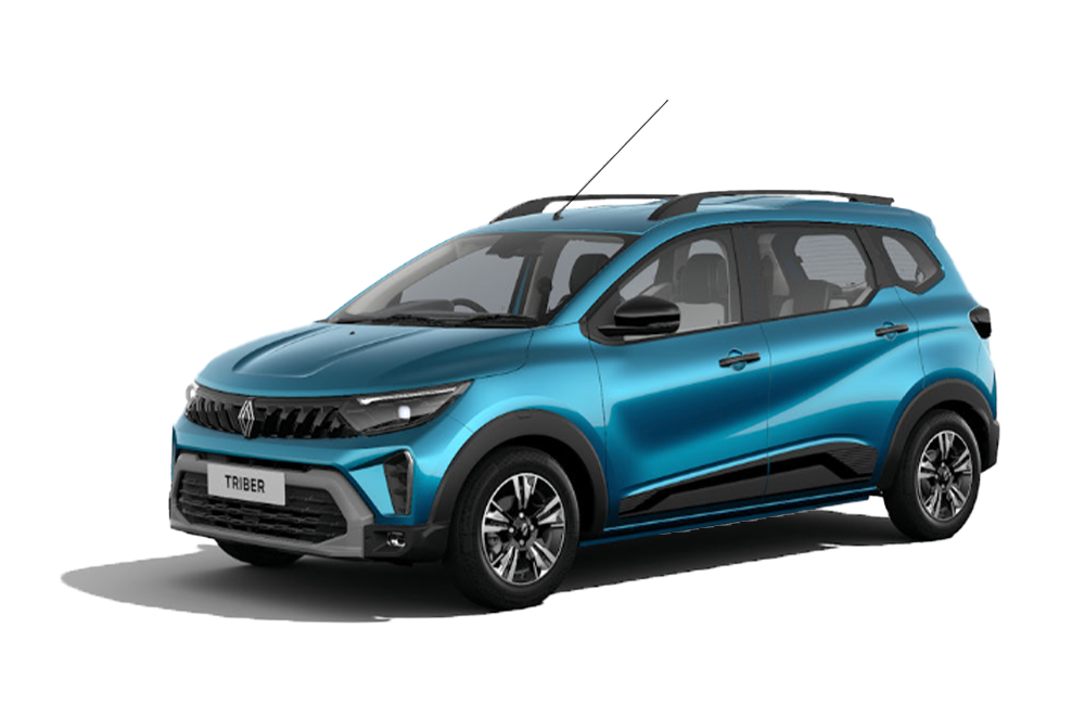 front three-quarter view of a Zanskar Blue Renault Triber