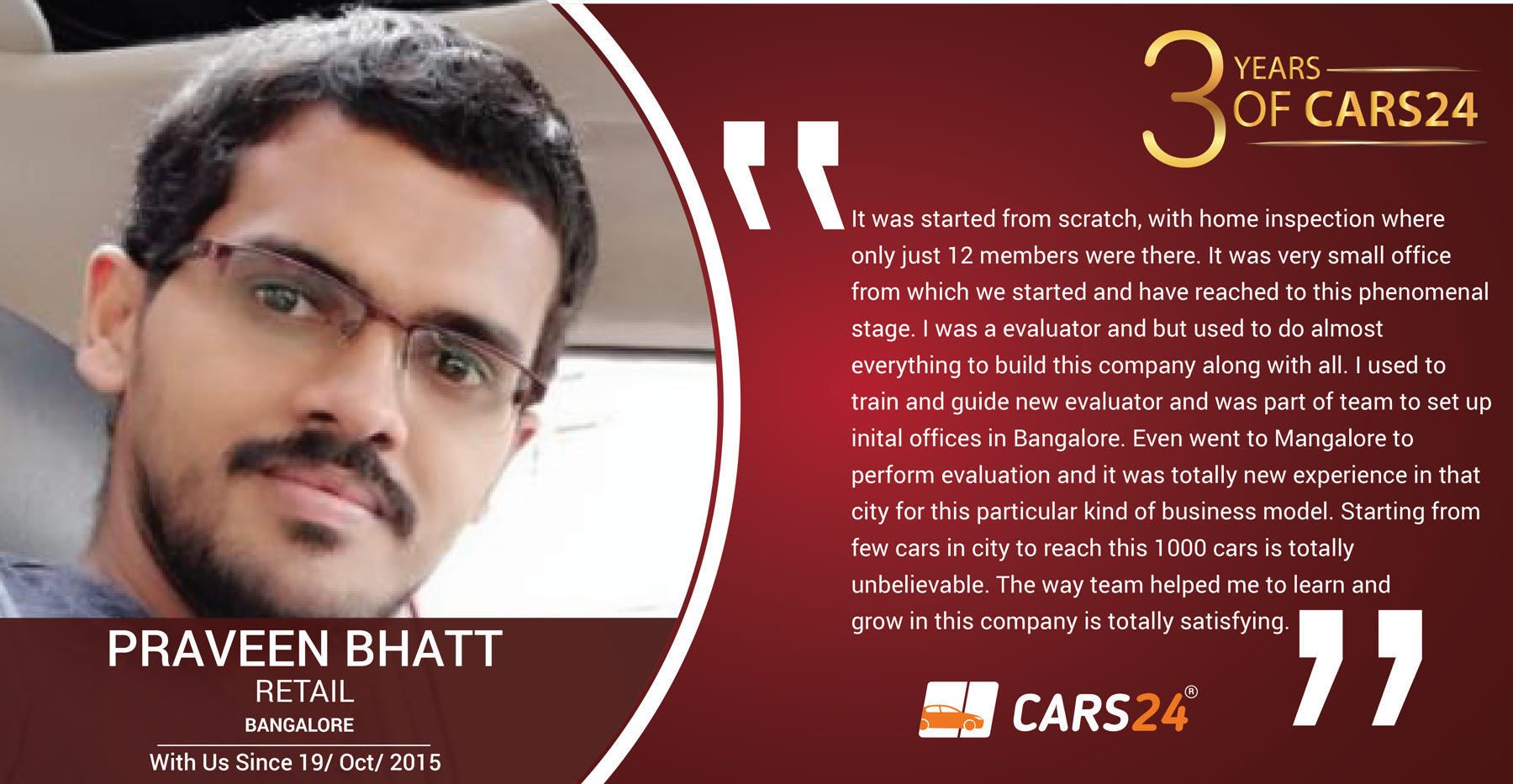 Original 3 Years of Cars24 employee story featuring Praveen Bhatt