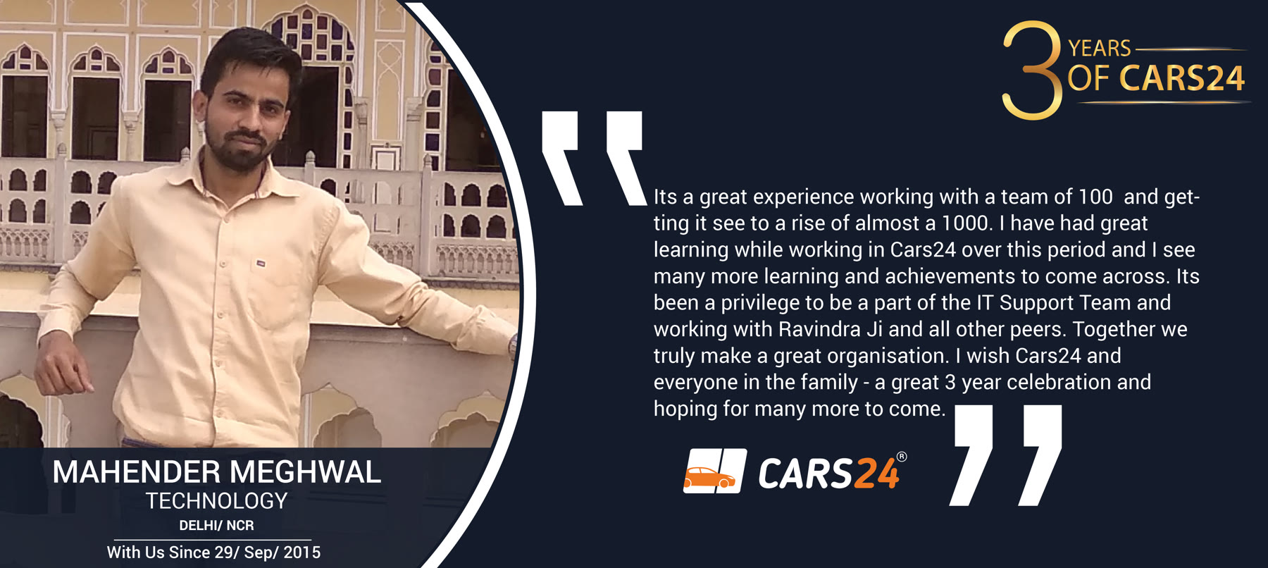 Original 3 Years of Cars24 employee story featuring Mahender Meghwal