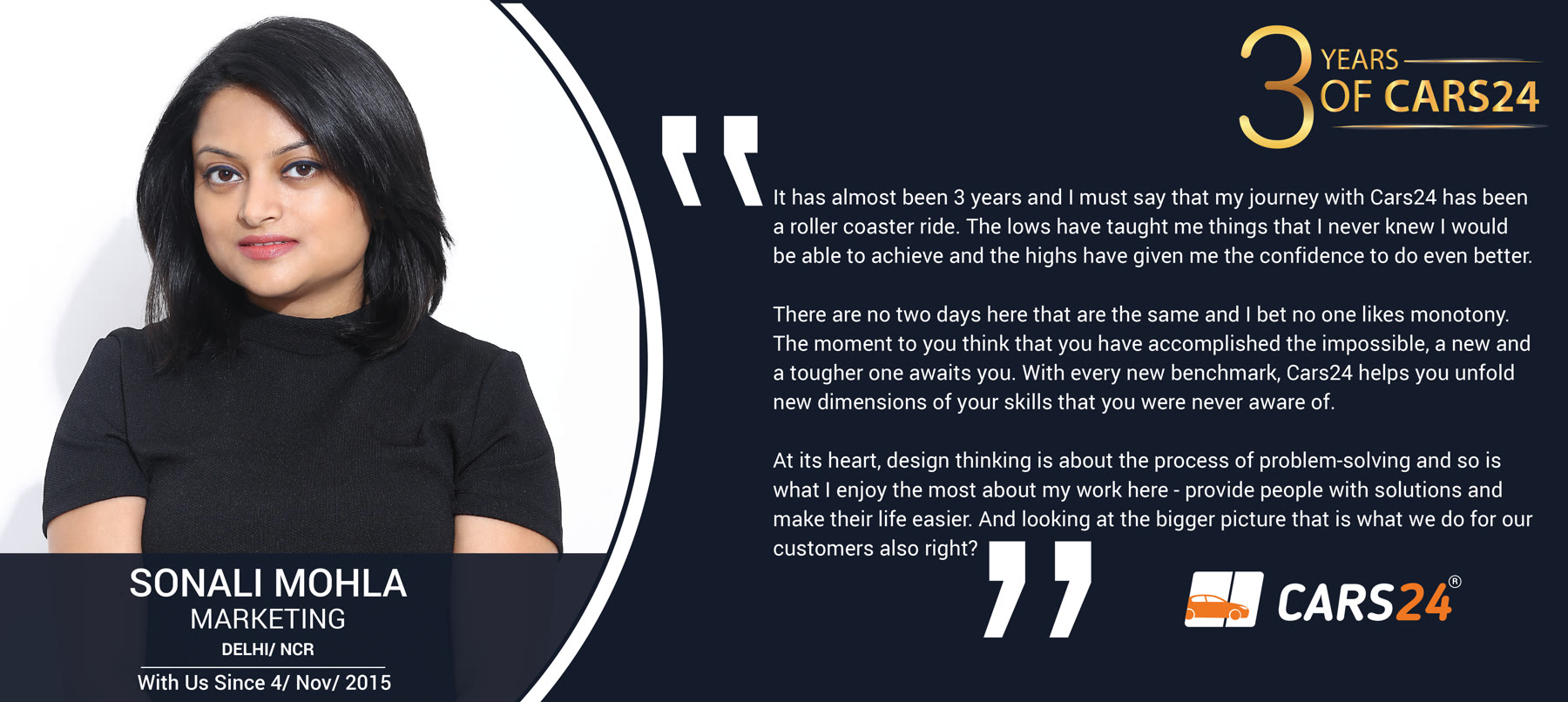 Original 3 Years of Cars24 employee story featuring Sonali Mohla
