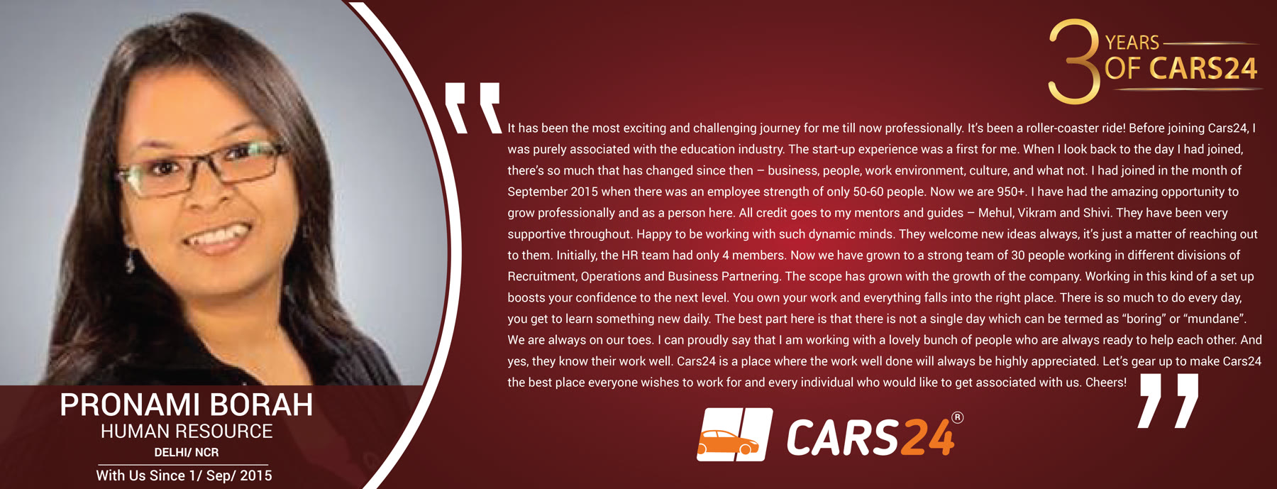 Original 3 Years of Cars24 employee story featuring Pronami Borah