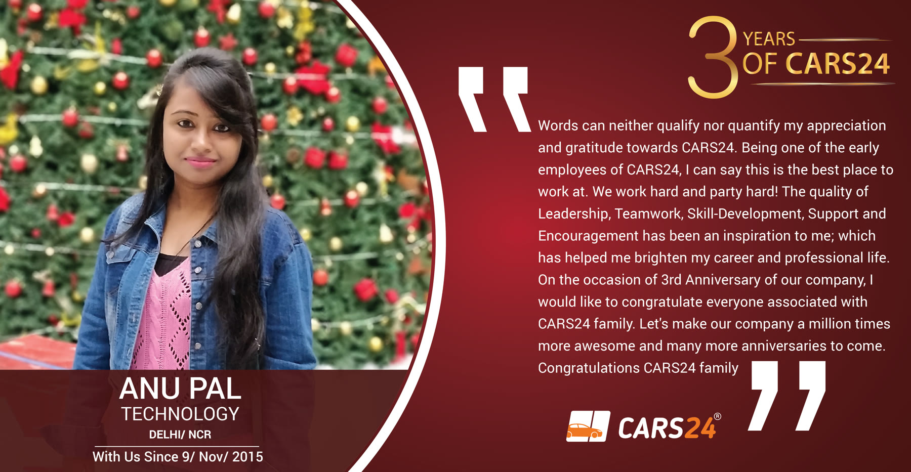 Original 3 Years of Cars24 employee story featuring Annu Pal