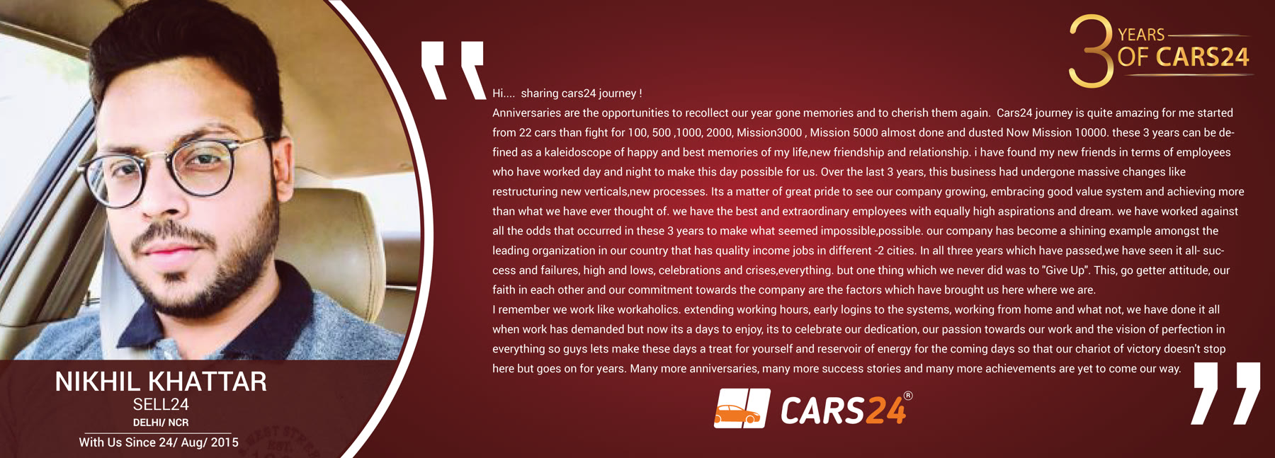 Original 3 Years of Cars24 employee story featuring Nikhil Khattar