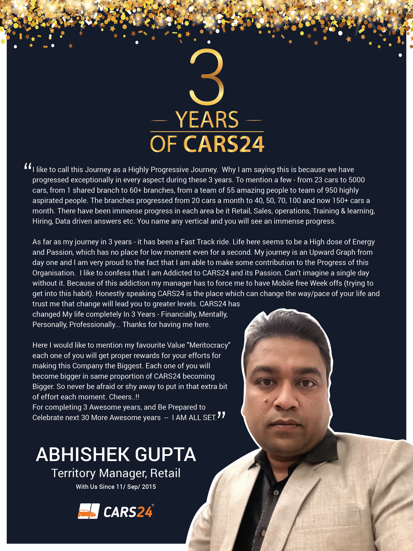 Original 3 Years of Cars24 employee story featuring Abhishek Gupta