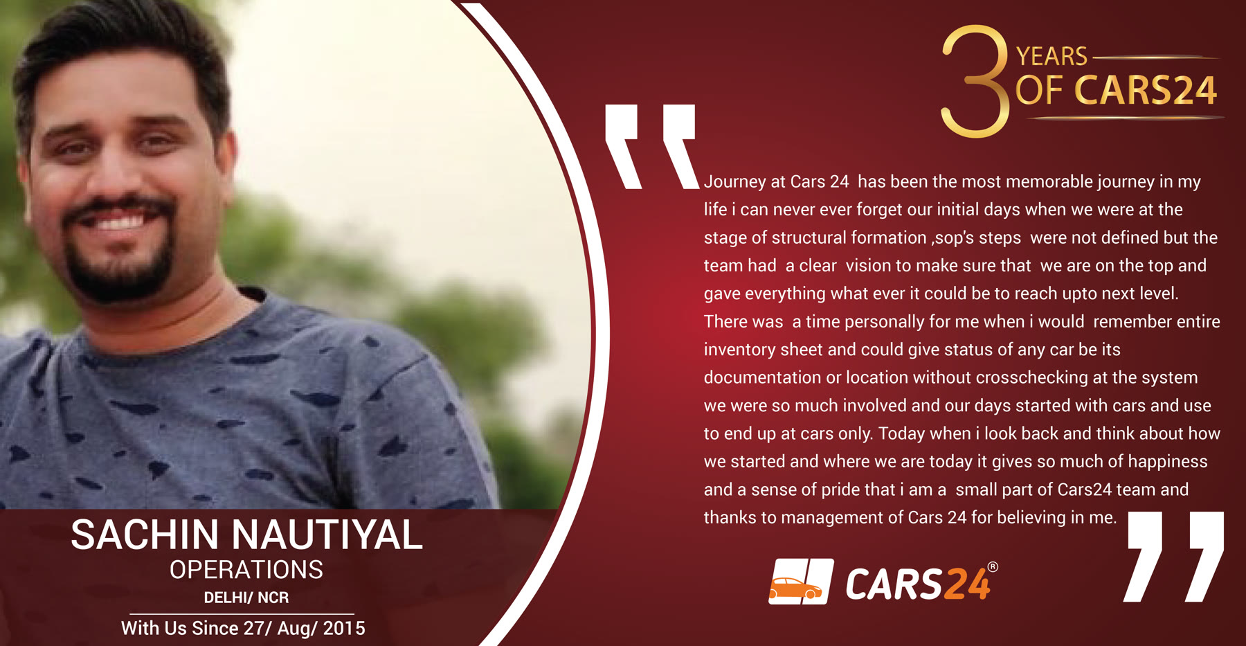 Original 3 Years of Cars24 employee story featuring Sachin Nautiyal